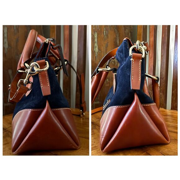 Dooney & Bourke Florentine Leather Suede Satchel Navy Cognac Crossbody Bag - Picture 4 of 15
